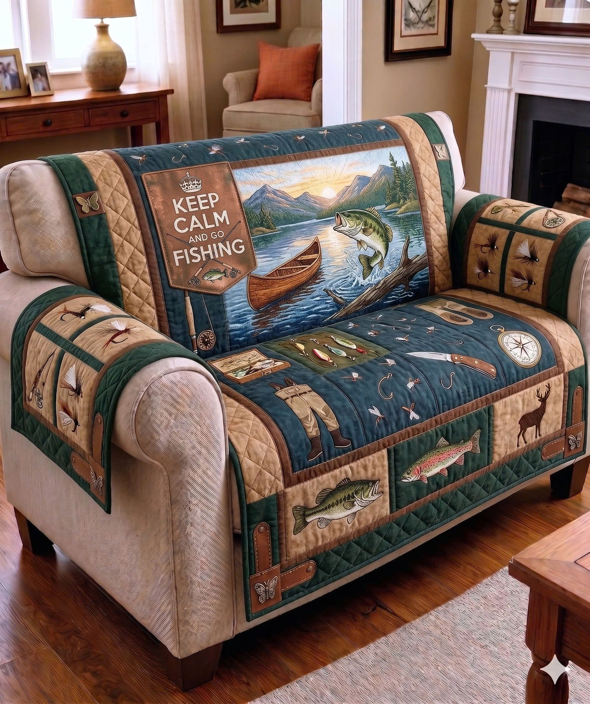 "Keep Calm and Go Fishing" Quilted Sofa Cover - Fly Fishing Couch Protector | Vintage Outdoor Furniture Slipcover