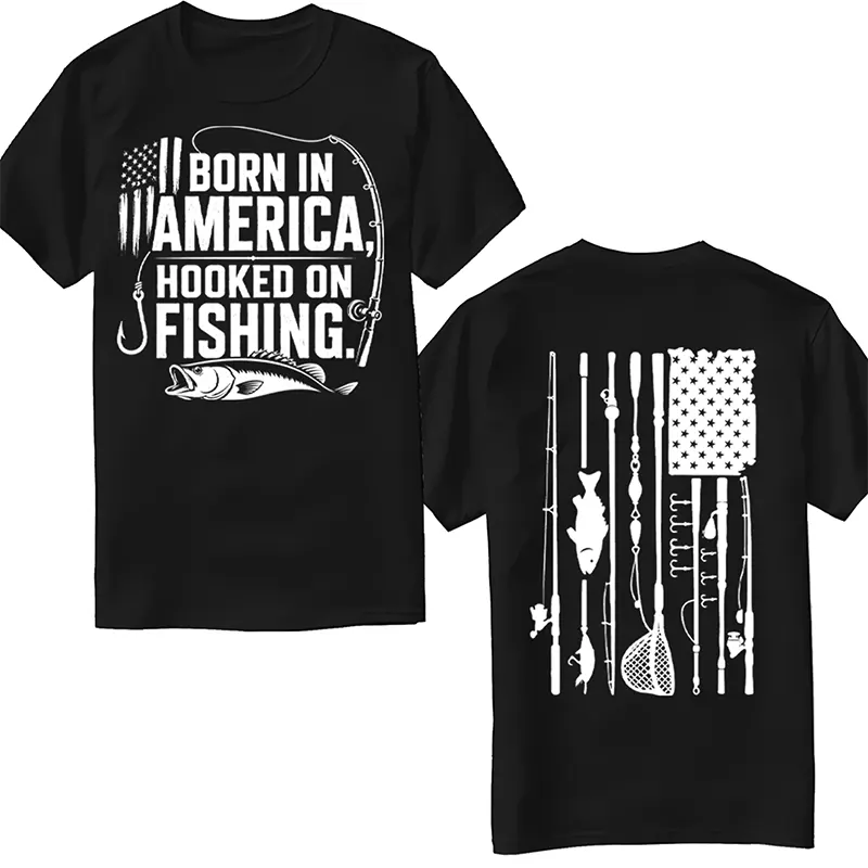 Born in America, Hooked on Fishing Black Graphic T-Shirt for Fishing Lovers