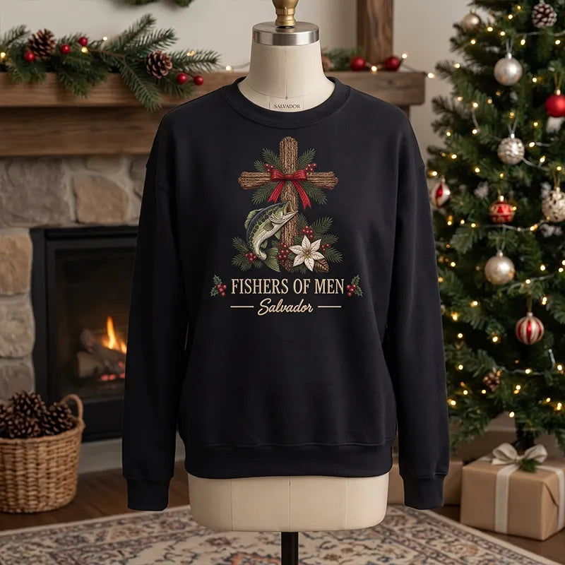 Personalized Fishers of Men Christmas Christian Fishing Sweater – Print & Embroidery