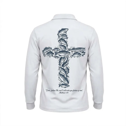 Personalized Matthew 4:19 Fishers of Men Christian Fishing Polo Long Sleeve Shirt