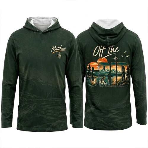 Personalized Off the Grid Fishing Topographic Map Hooded Long Sleeve Shirt