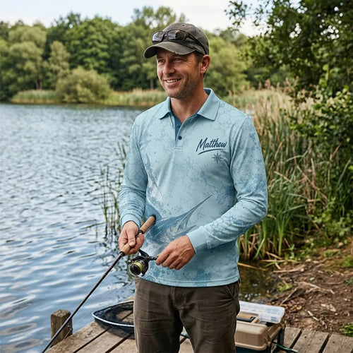 3D Fishing Deep Sea Marlin Ocean Design Long Sleeve Polo Shirt