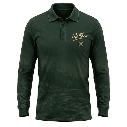 Personalized Off the Grid Fishing Topographic Map Polo Long Sleeve Shirt
