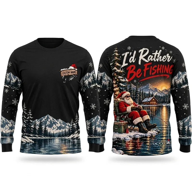 I'd Rather Be Fishing Santa Christmas Long Sleeve Shirt