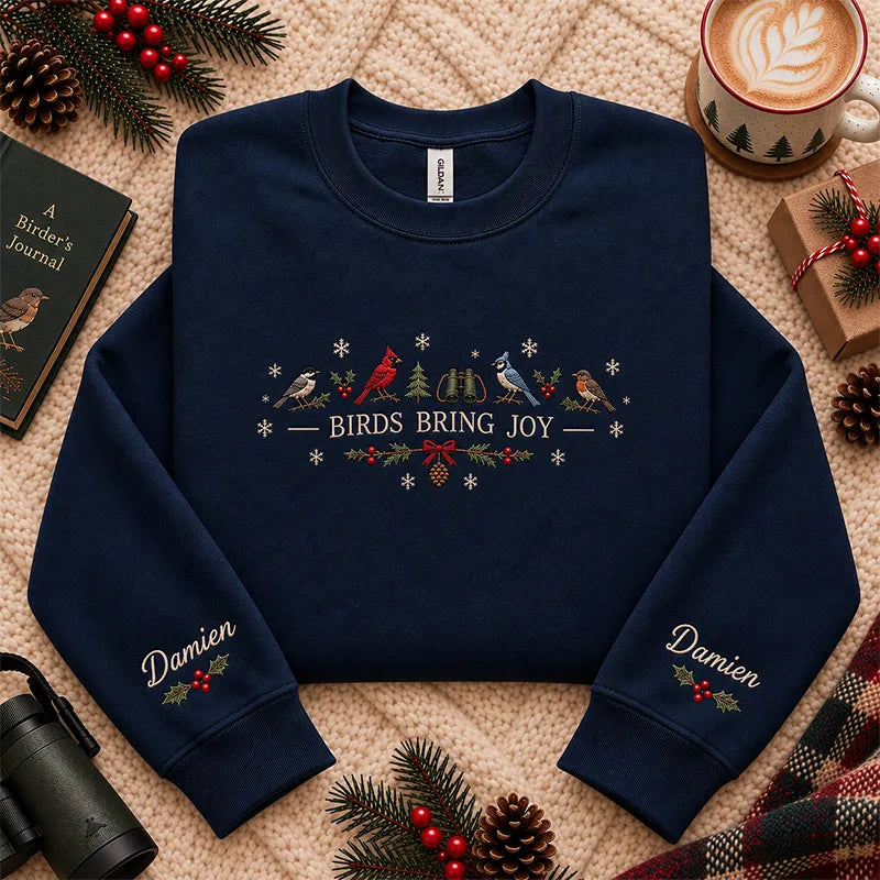 Personalized Birds Bring Joy Christmas Bird Watching Sweater – Print & Embroidery