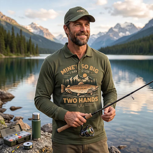 Mines So Big I Have To Use Two Hands Vintage Fishing Long Sleeve Polo Shirt