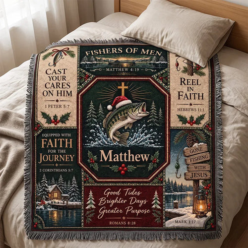 Gone Fishing with Jesus Personalized Christmas Fishing Tassels Blanket
