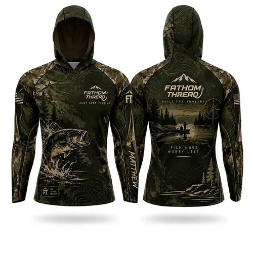 Fathom Thread Fish More Worry Less Fishing Hooded Long Sleeve Shirt