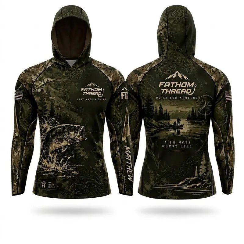Fathom Thread Fish More Worry Less Fishing Hooded Long Sleeve Shirt