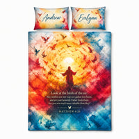 Matthew 6:26 Christian Birds Watercolor Quilt Bedding Set
