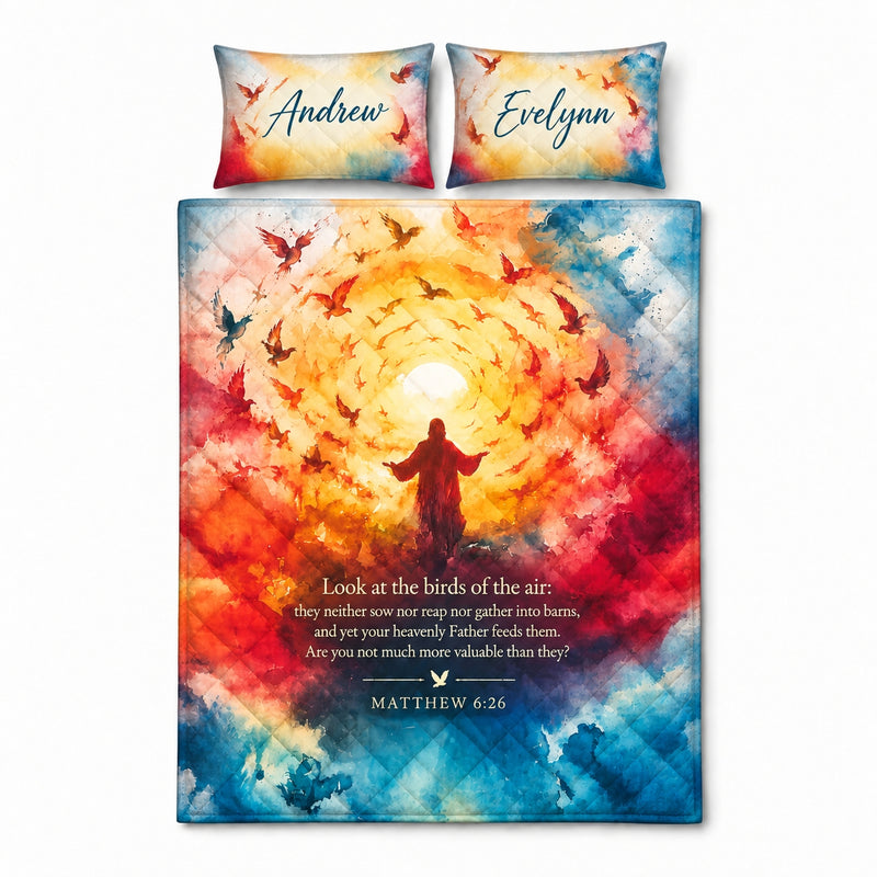 Matthew 6:26 Christian Birds Watercolor Quilt Bedding Set