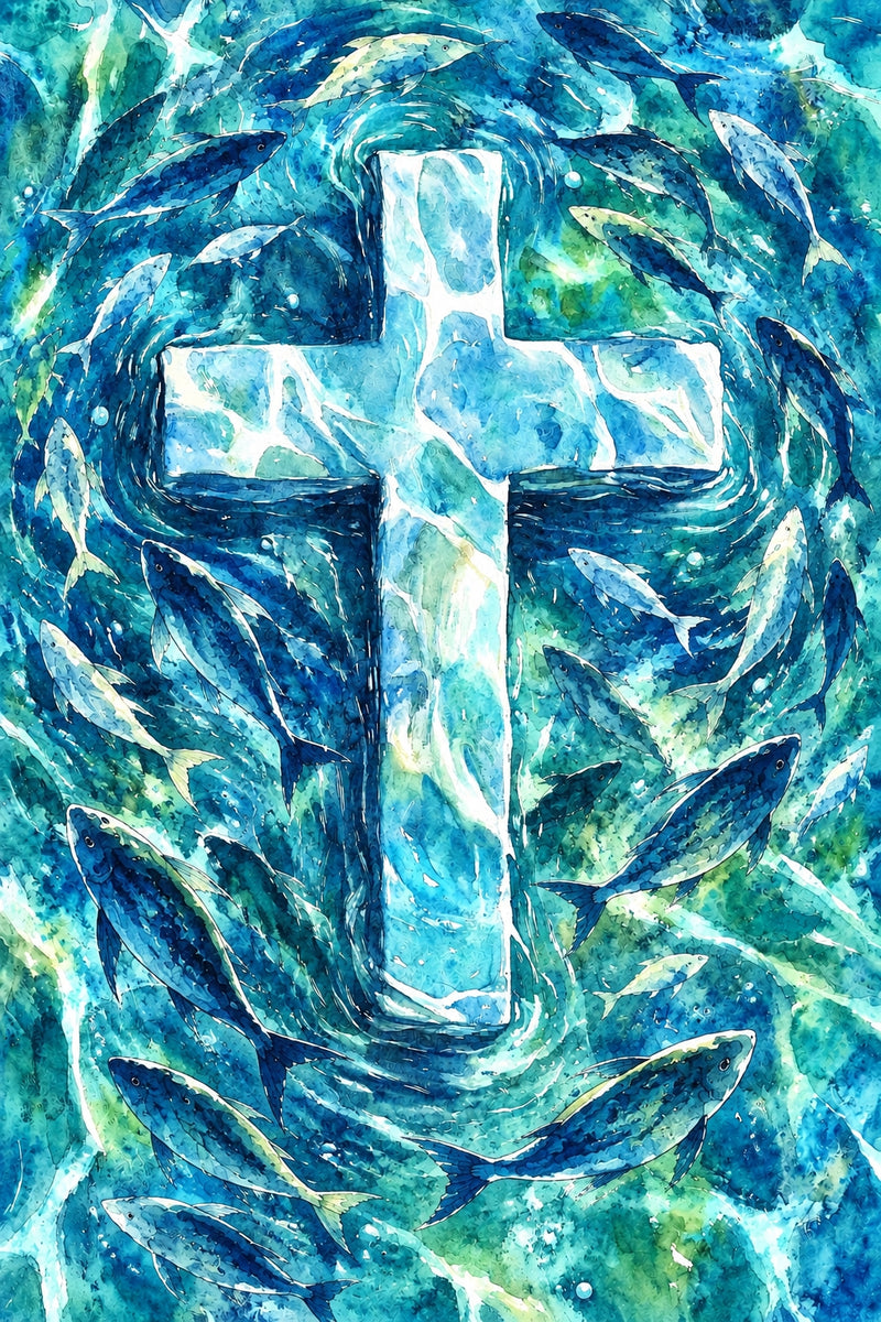 Personalized Savior Cross Ocean Fish Christian Rug