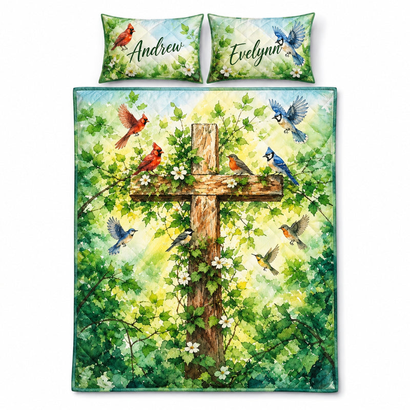 Personalized Christian Cross Birds Watercolor Quilt Bedding Set