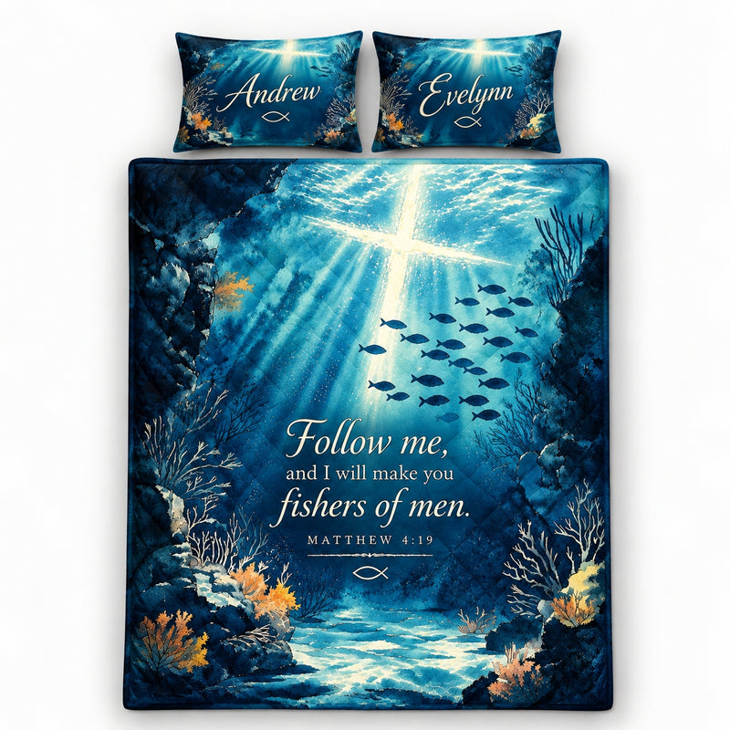 Personalized Matthew 4:19 Christian Fishing Ocean Quilt Bedding Set