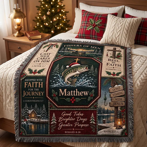 Gone Fishing with Jesus Personalized Christmas Fishing Tassels Blanket