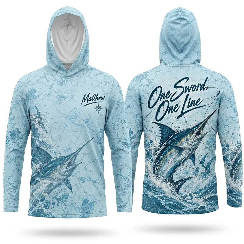 3D Fishing Deep Sea Marlin Ocean Design Long Sleeve Hooded Shirt