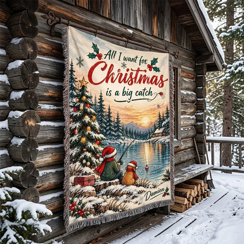 Personalized Christmas Fishing Big Catch Tassels Blanket