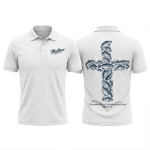 Personalized Matthew 4:19 Fishers of Men Christian Fishing Polo Shirt