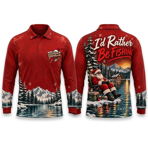 I'd Rather Be Fishing Santa Christmas Polo Long Sleeve Shirt