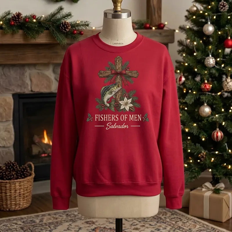 Personalized Fishers of Men Christmas Christian Fishing Sweater – Print & Embroidery