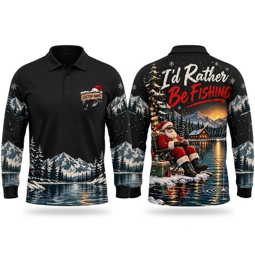 I'd Rather Be Fishing Santa Christmas Polo Long Sleeve Shirt