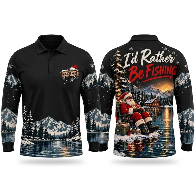 I'd Rather Be Fishing Santa Christmas Polo Long Sleeve Shirt