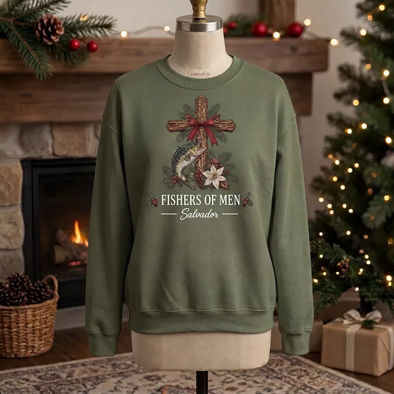 Personalized Fishers of Men Christmas Christian Fishing Sweater – Print & Embroidery