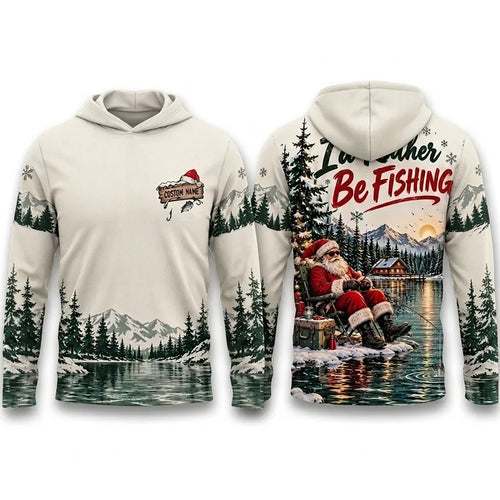 I'd Rather Be Fishing Santa Christmas Hooded Long Sleeve Shirt