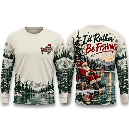 I'd Rather Be Fishing Santa Christmas Long Sleeve Shirt