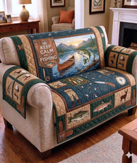 "Keep Calm and Go Fishing" Quilted Sofa Cover - Fly Fishing Couch Protector | Vintage Outdoor Furniture Slipcover