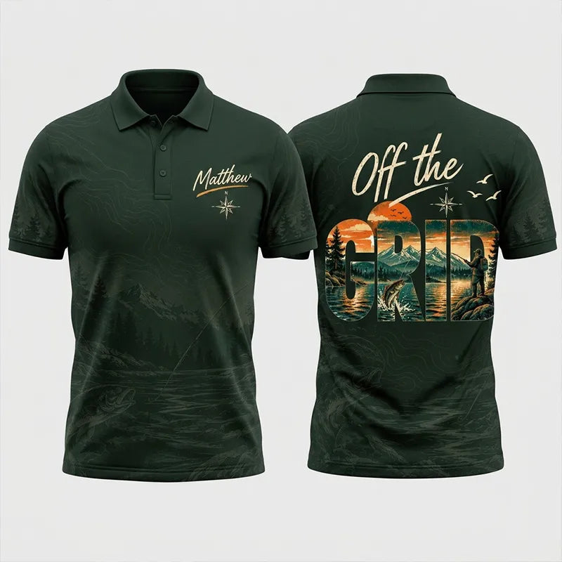 Personalized Off the Grid Fishing Topographic Map Polo Shirt