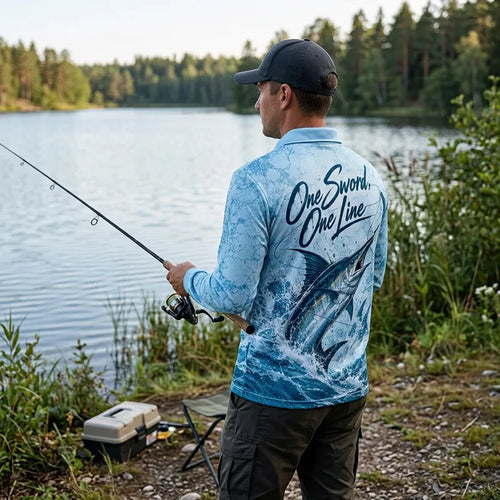 3D Fishing Deep Sea Marlin Ocean Design Long Sleeve Polo Shirt