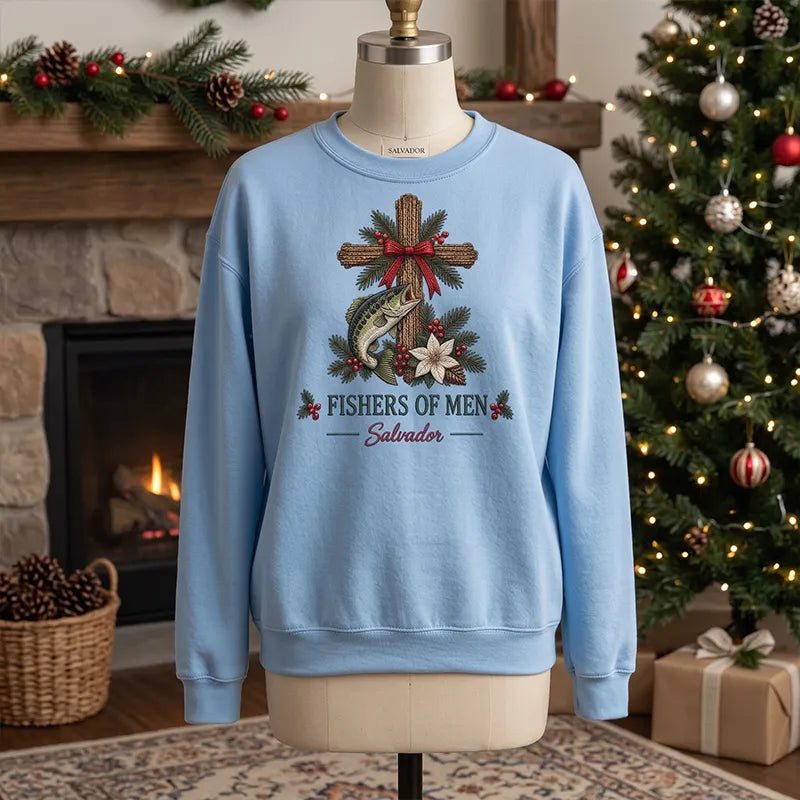 Personalized Fishers of Men Christmas Christian Fishing Sweater – Print & Embroidery