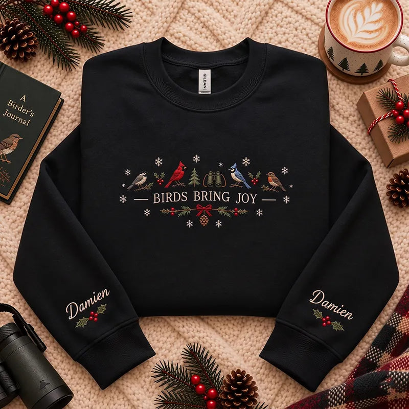 Personalized Birds Bring Joy Christmas Bird Watching Sweater – Print & Embroidery
