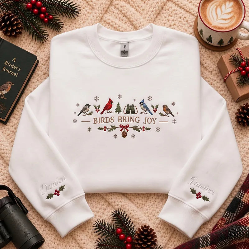 Personalized Birds Bring Joy Christmas Bird Watching Sweater – Print & Embroidery