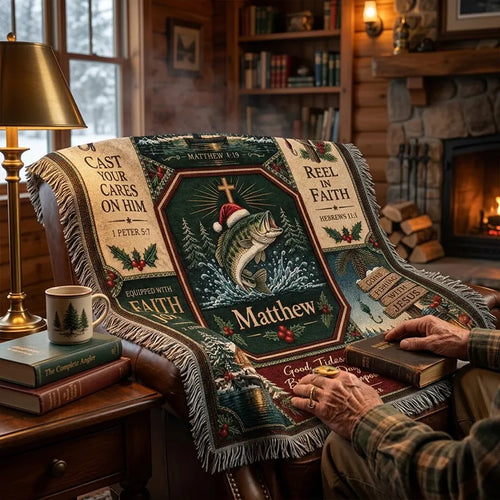 Gone Fishing with Jesus Personalized Christmas Fishing Tassels Blanket