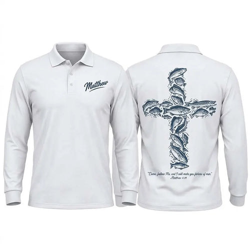 Personalized Matthew 4:19 Fishers of Men Christian Fishing Polo Long Sleeve Shirt
