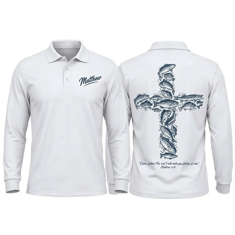Personalized Matthew 4:19 Fishers of Men Christian Fishing Polo Long Sleeve Shirt