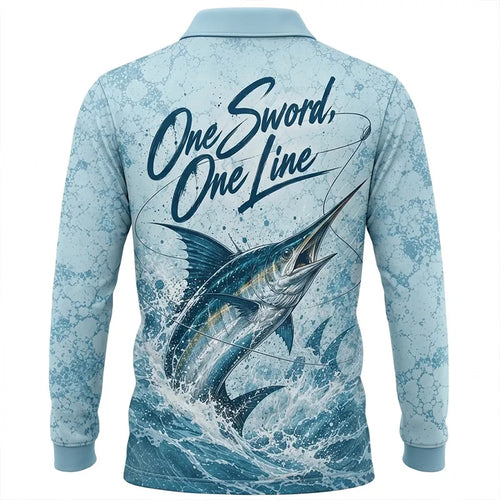 3D Fishing Deep Sea Marlin Ocean Design Long Sleeve Polo Shirt