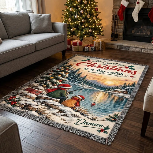 Personalized Christmas Fishing Big Catch Tassels Blanket