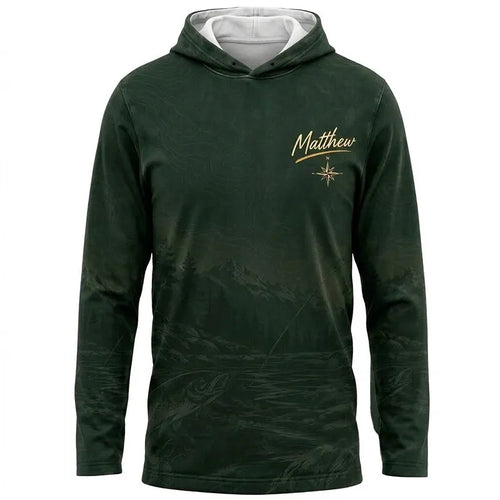 Personalized Off the Grid Fishing Topographic Map Hooded Long Sleeve Shirt