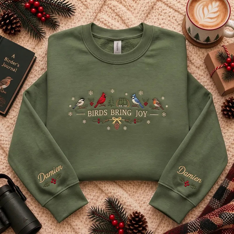 Personalized Birds Bring Joy Christmas Bird Watching Sweater – Print & Embroidery