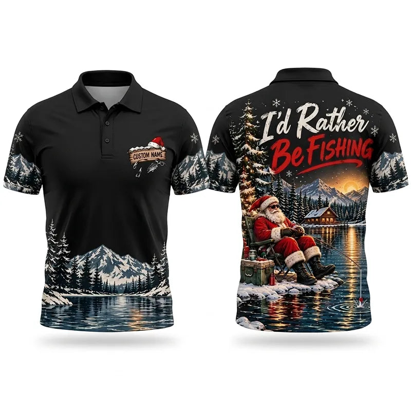 I'd Rather Be Fishing Santa Christmas Polo Shirt