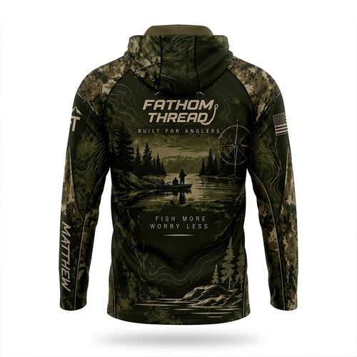 Fathom Thread Fish More Worry Less Fishing Hooded Long Sleeve Shirt