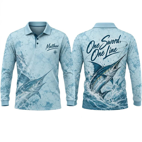 3D Fishing Deep Sea Marlin Ocean Design Long Sleeve Polo Shirt