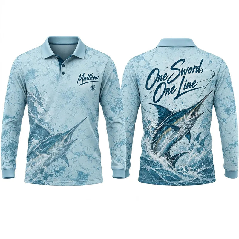3D Fishing Deep Sea Marlin Ocean Design Long Sleeve Polo Shirt
