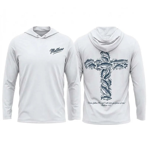 Personalized Matthew 4:19 Fishers of Men Christian Fishing Hooded Long Sleeve Shirt