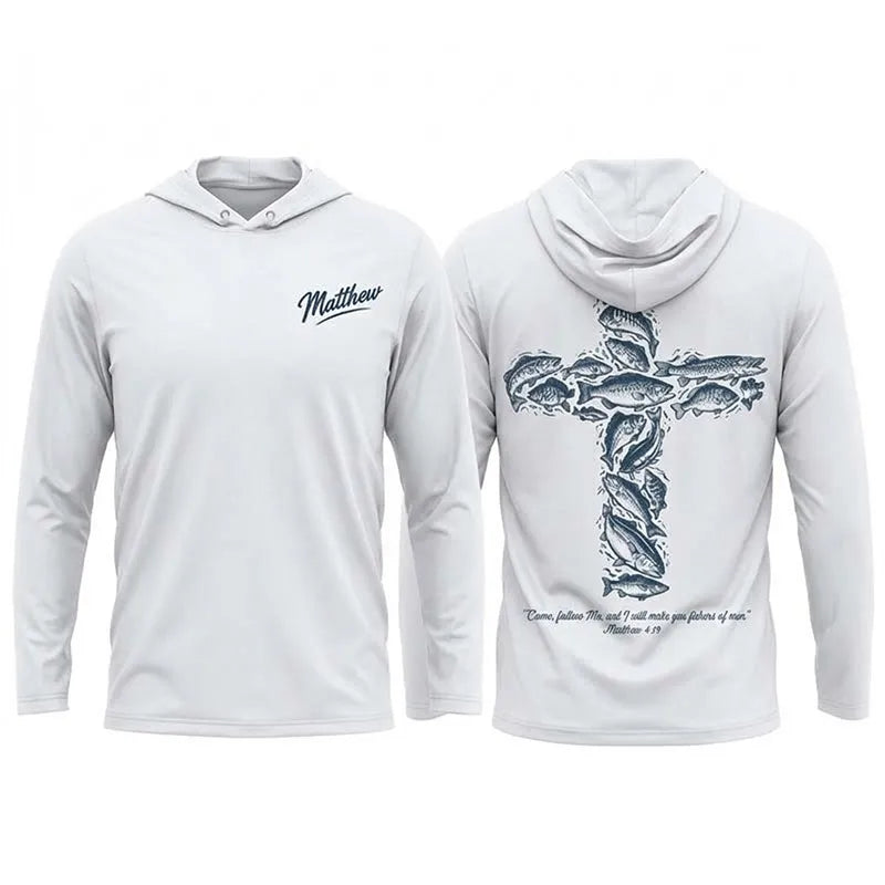 Personalized Matthew 4:19 Fishers of Men Christian Fishing Hooded Long Sleeve Shirt