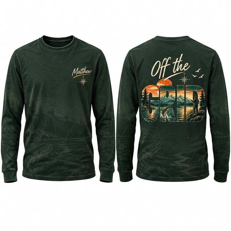 Personalized Off the Grid Fishing Topographic Map Long Sleeve Shirt