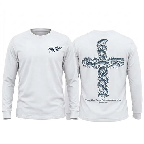Personalized Matthew 4:19 Fishers of Men Christian Fishing Long Sleeve Shirt